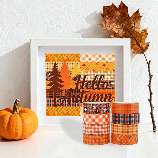 12 Rolls Autumn Washi Tape Set, Thanksgiving Theme Grid Pumpkin Maple Fall Decorative Tape for Bullet Journal, Scrapbooking, Planner, DIY Wrapping Crafts 16.4FT