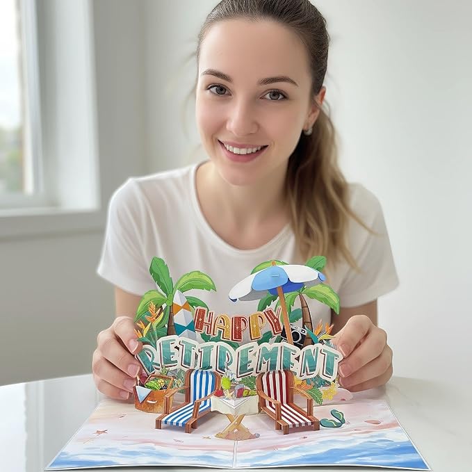 Greeting Card Retirement Paper 3D Pop-Up Cards Handmade Birthday Beach Gift for Women, Mom, Wife, Men Large Size Aniversary Wedding Christmas Gifts Coconut Trees