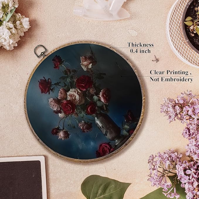 FUGWN Dark Moody Rose Round Wall Art Decor Framed, Dark Academia Floral Canvas Artwork Prints, Retro Red Rose Flower Botanical Wall Hanging Decorations for Home Living Room Bedroom, 10x10 Inch