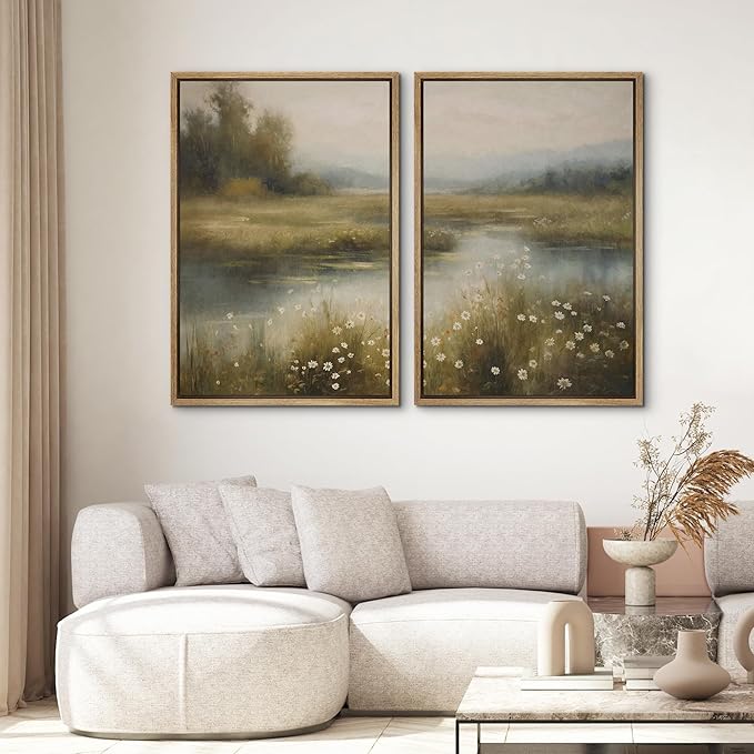 SIGNWIN Framed Canvas Print Wall Art Set Serene Marshland Landscape Rustic Illustration Modern Art Minimalism Decorative for Living Room, Bedroom, Office - 16"x24"x2 Natural