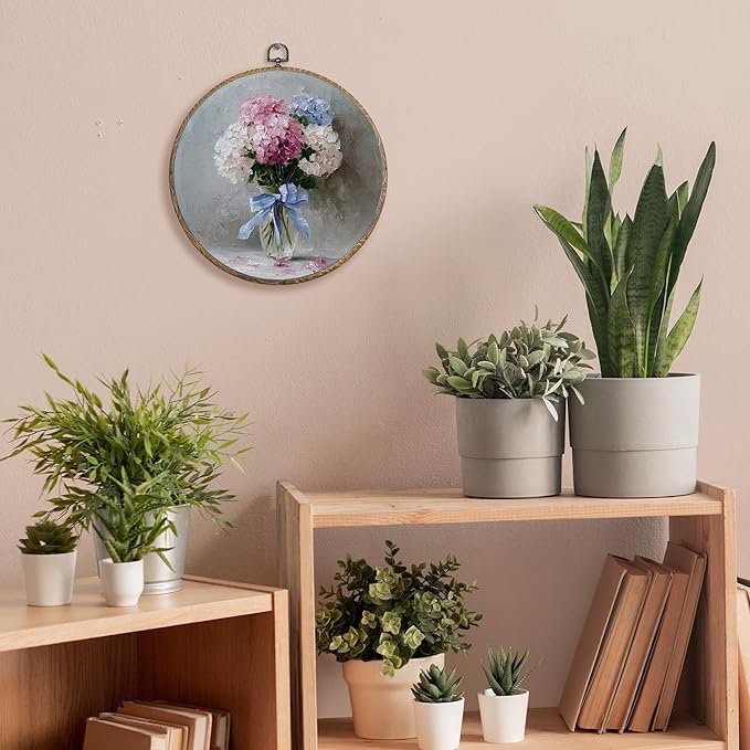 FUGWN Vintage Hydrangea Floral Round Wall Art Decor Framed, Cottagecore Floral Canvas Artwork Prints, Rustic Blue Pink White Flower Wall Hanging Decorations for Home Bedroom Living Room, 10x10 Inch