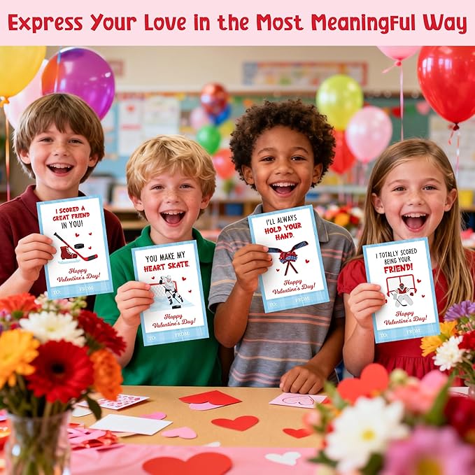 TICIAGA 72pcs Valentine’s Day Ice Hockey Greeting Cards with Envelop and Stickers for Kids, 4 x 6 IN Sporty Design Hockey Exchange Gift Cards for Boys Girls Classroom Supplies, Valentines Party Favors