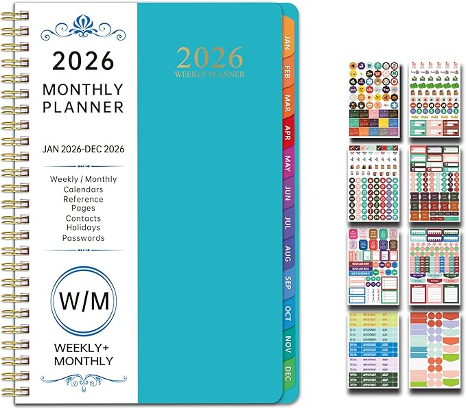 2026 Planner, Weekly and Monthly Planner, January 2026 - December 2026, Calendar Planner A5 (6.5" x 8.5") with Tabs With 8 stickers, Inner Pocket for Home School Office Supplies (Green)