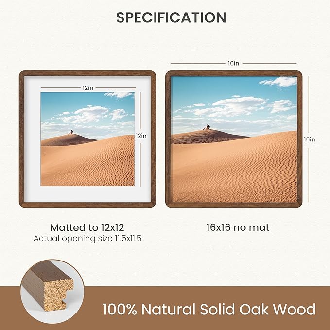 16x16 Picture Frame, Solid Oak Wood Photo Frame with Mat for 12x12, Round Corner 16 x 16 Matted Picture Frames with Resistant Plexiglass for Wall Mounting or Tabletop, Walnut Color, Set of 1