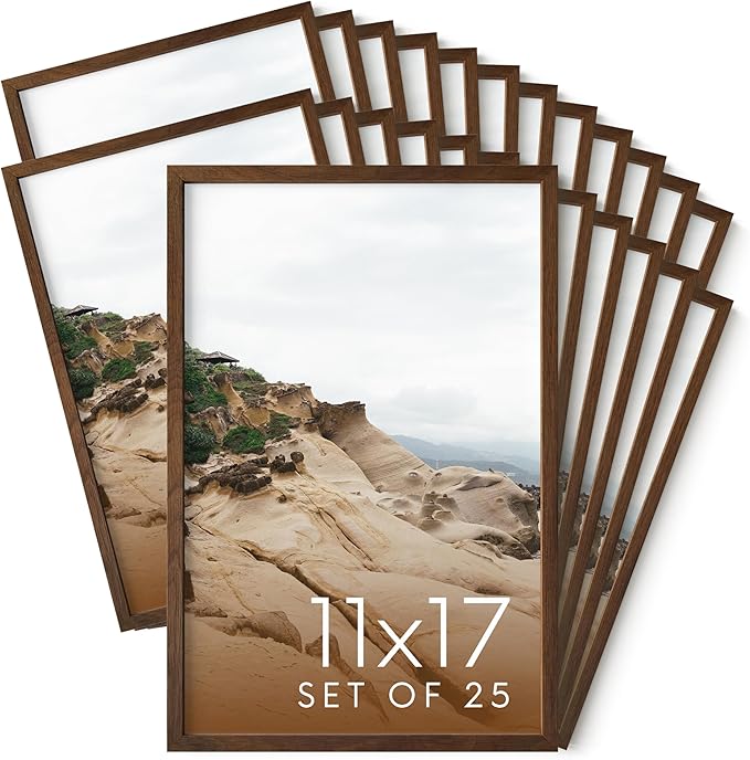 HAUS AND HUES 11x17 Walnut Oak Wood Picture Frames Set of 25 - Premium Bulk Picture Frames 11x17 Bundle - Elegant Gallery Wall Frame Set for Posters, Art Display
