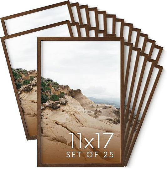 HAUS AND HUES 11x17 Walnut Oak Wood Picture Frames Set of 25 - Premium Bulk Picture Frames 11x17 Bundle - Elegant Gallery Wall Frame Set for Posters, Art Display