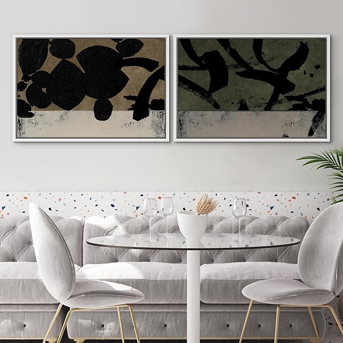 SIGNWIN Framed Canvas Print Wall Art Set Abstract Black Brushstroke Illustrations Modern Art Minimal Boho Colorful for Living Room, Bedroom, Office - 24"x36"x2 WHITE