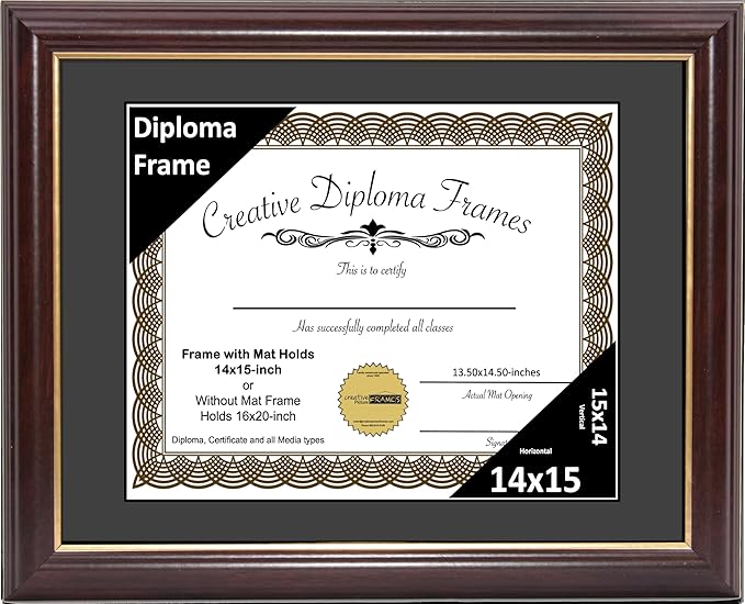 Creative Picture Frames 14x15 Mahogany Gold Rim Diploma Frame with Black Mat Glass and Installed Wall Hangers | Frame Holds 16x20 Media without Mat