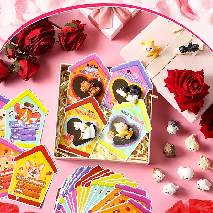 Zhanmai 48 Pcs Dog Valentine's Day Gifts Card and Dog Cat Resin Figurines Miniature Puppy Heart Greeting Card for Valentine Party Favors Exchange Prizes Gifts (Novel)