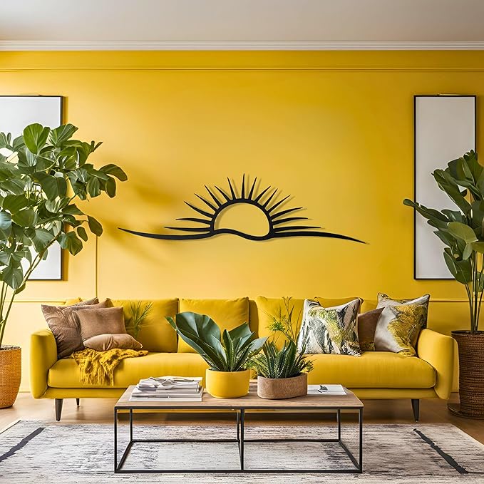pluviart Sunrise & Wave Metal Wall Art – Modern Sun Wall Decor for Living Room, Minimalist Large Wall Hanging, Home Decoration – Gift for Him, Christmas Gift (50"x14")