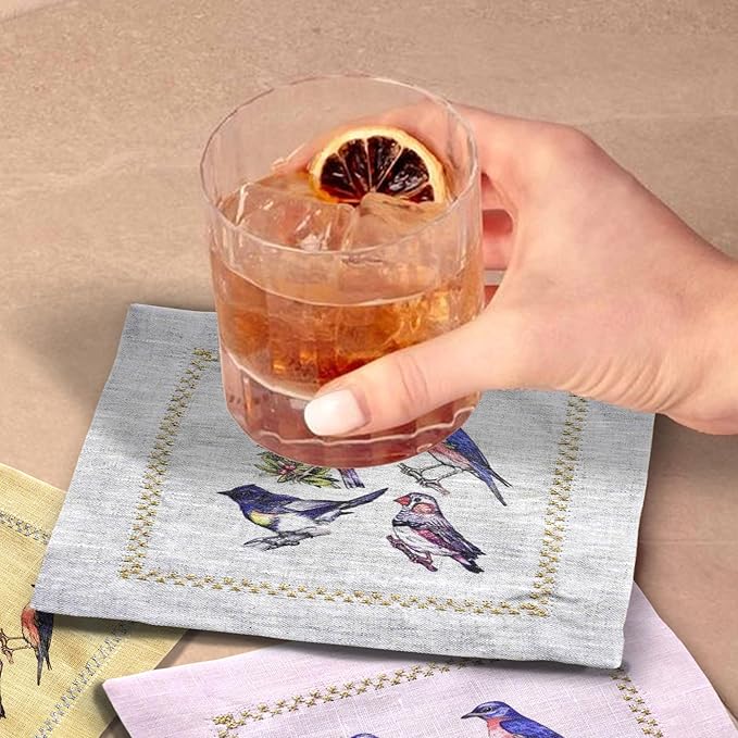 Cocktail Napkins Set of 6, 6x6 inch, 100% Linen, Printed Animal Pattern, Reusable & Washable Cloth Coasters for Beverages, Hosting, Gifting & Everyday Use (Four Birds - Colorful)