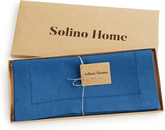 Solino Home Linen Table Runner 36 Inches - 100% Pure Linen Indigo Blue Hemstitch Table Runner 14 x 36 Inch Ideal for Dresser and Coffee Tables - Spring, Easter - Classic Hemstitch