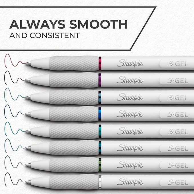 Sharpie S-Gel | Gel Pens for Writing | Medium Point (0.7mm) | Assorted Ink Colours | White Pearl Barrels | 8 Count