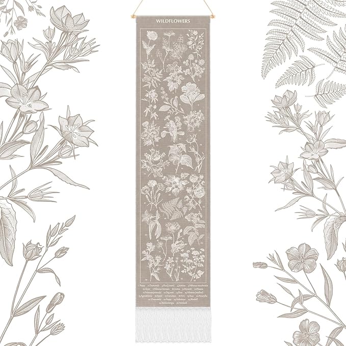 Geetery Vintage Floral Vertical Tapestry Wall Hanging Long Narrow Wall Fabric Flower Hanging Reference Illustrative Botanical Tassel Tapestry for Home Decor Gift (Tan)