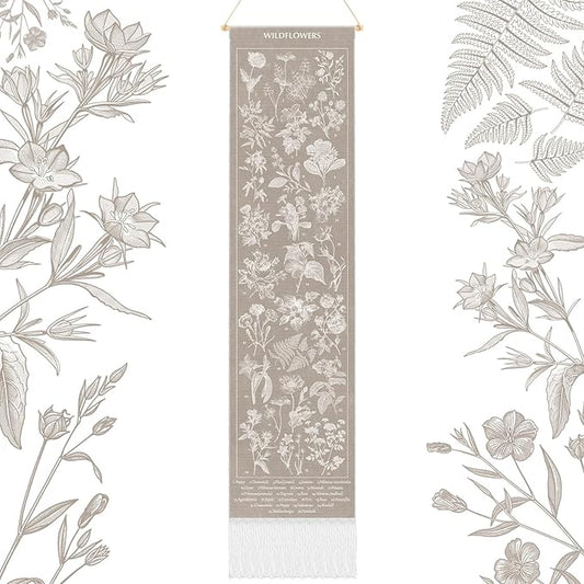 Geetery Vintage Floral Vertical Tapestry Wall Hanging Long Narrow Wall Fabric Flower Hanging Reference Illustrative Botanical Tassel Tapestry for Home Decor Gift (Tan)