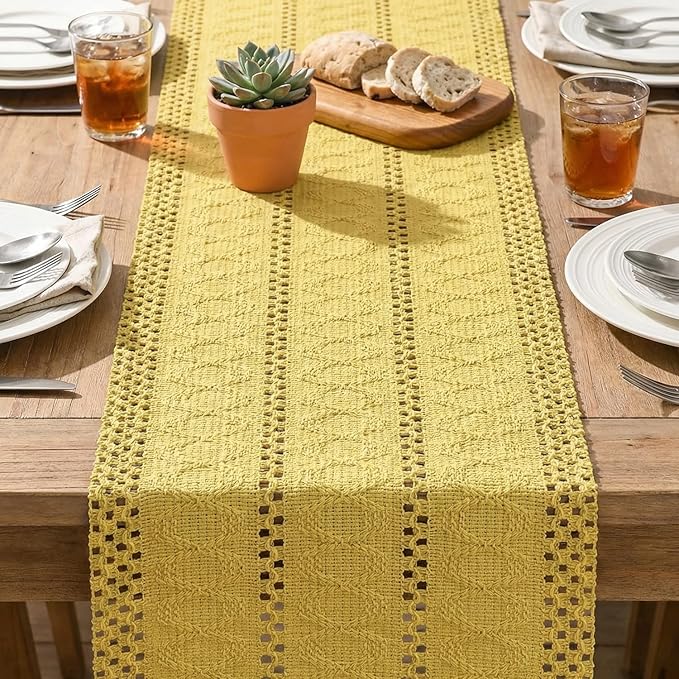 Artoid Mode Yellow Farmhouse Woven Rustic Hollow Table Runner, Seasonal Holiday Hollow Kitchen Dining Table Decoration for Home Party Decor 12x108 Inch