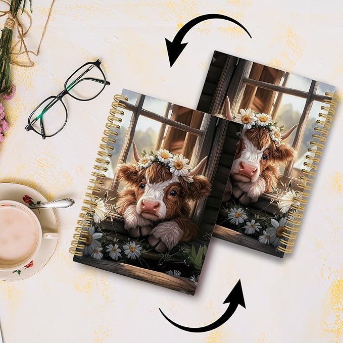 Highland Cow Journal Notebook - Western Farmhouse Floral Notebooks College Ruled for Work School, Highland Cow Gifts for Women, Western Office Supplies, Hardcover Spiral Notebook 5.5"x8.3"
