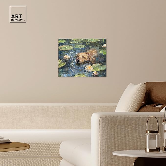 Art Remedy Monet Water Lilies Dog Rustic Chic Farmhouse Canvas Wall Art, Gallery Wrapped, 20"x16"