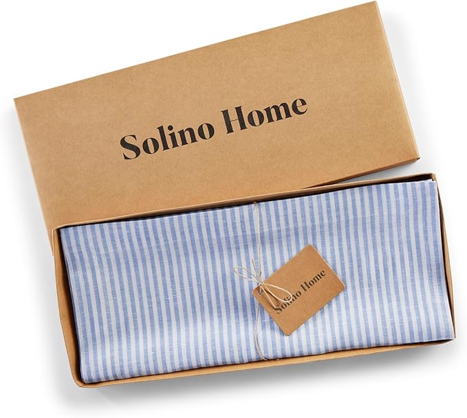Solino Home Linen Table Runner 132 Inches Long - Narrow Stripe, 100% Pure Linen Cornflower Blue and White Farmhouse Table Runner 14 x 132 Inch for Dining, Winter, Spring, Easter