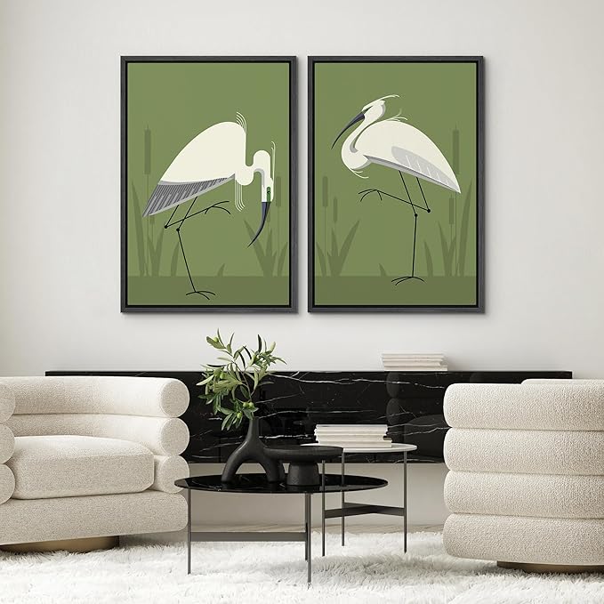 SIGNWIN Framed Canvas Print Wall Art Set Heron Bird Minimalist Egret Illustrations Modern Art Minimal Boho Colorful for Living Room, Bedroom, Office - 24"x36"x2 BLACK