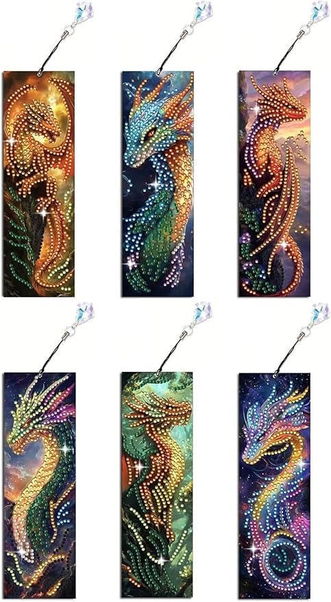 5D DIY Diamond Art Bookmarks Kit Dragon 6 PCS Acrylic Diamond Painting Bookmarks Kits with Tassels Double Side, Rhinestone Crafts Decoration Gift Set for Book Lovers Beginners & Adults (Partial Drill)