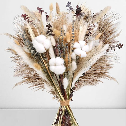 120Pcs Natural Dried Cotton Flower Bouquet - 17'' Boho Pampas Grass, Lavender, Cotton Stems, Bunny Tails, Eucalyptus & Wheat - Rustic Boho Farmhouse Decor for Vase, Wedding, DIY Crafts