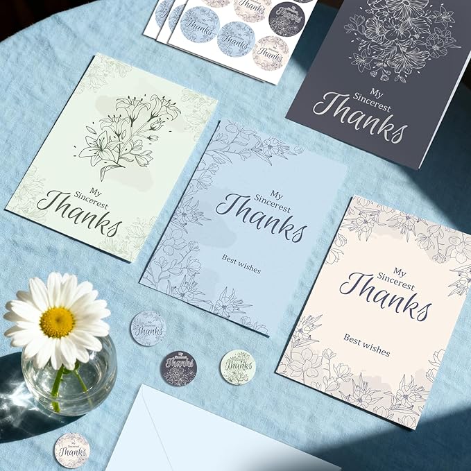48Pcs Thank You Cards with Envelopes and Stickers for Weddings, Bridal Shower, Baby Shower, Small Business