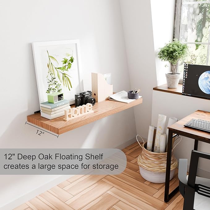 30 Inch Solid Oak Floating Shelves - Natural Wood 12 Inch Deep Wall Shelf, Rustic Display Shelf, Hanging Wall Shelf Decoration for Bedroom, Bathroom, Living Room