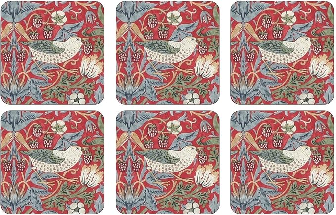 Pimpernel Morris & Co Strawberry Thief Red Coasters, Set of 6 - Stain Resistant & Heat Safe Fabric-Feel Square Coasters with Birds & Botanical Pattern for Stylish Dining & Entertaining