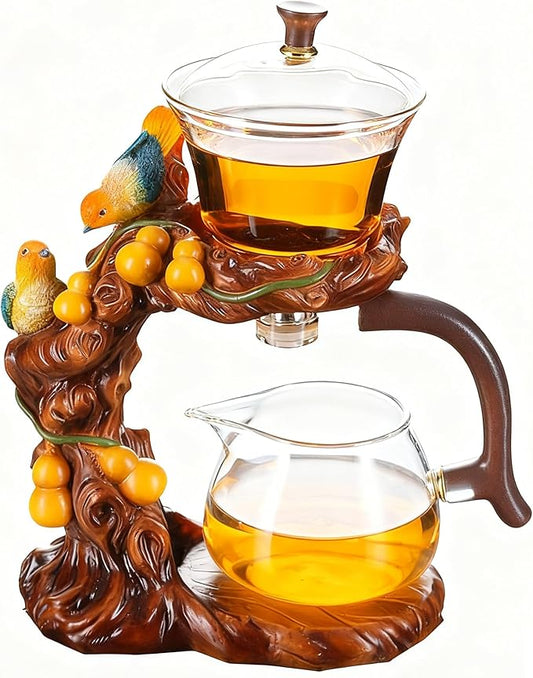 Lazy Kungfu Glass Tea Set Heat Resistant Semi Automatic Drip Rotating with Infuser Magnetic Teapot Set for Gongfu Tea Making Ideal (Gourd Bird)
