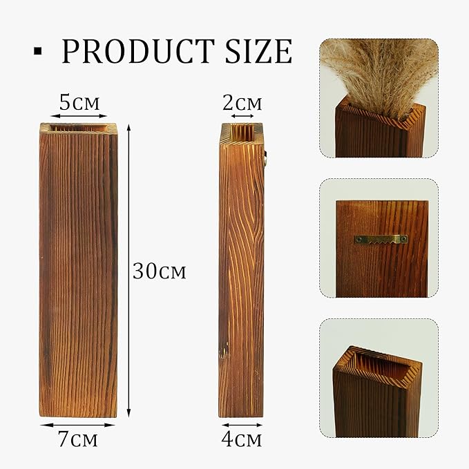 Wall Vase Set of 4 – Wooden Hanging Vases with Pampas Grass & Eucalyptus Dried Flowers – Modern Farmhouse Home Decor for Living Room, Entryway, Bathroom, Hallway & Dining Room