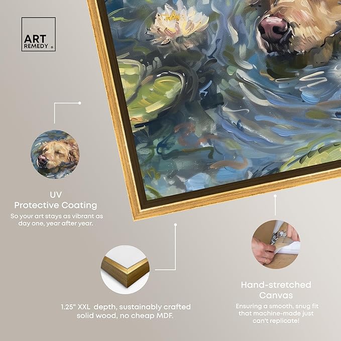 Art Remedy Monet Water Lilies Dog Rustic Chic Farmhouse Canvas Wall Art, Gold Floater Frame, 20"x16"