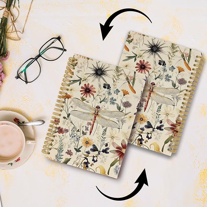 Vintage Dragonfly Journal Notebook, Summer Floral Notebooks College Ruled for Work School, Gifts for Girls Women Dragonfly Lovers, Office Supplies, Hardcover Spiral Notebook 5.5"x8.3"