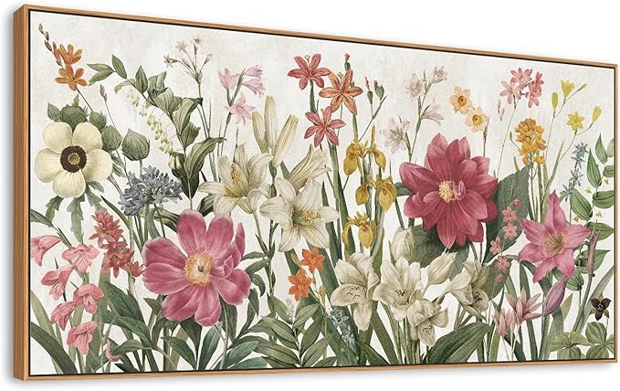 arteWOODS Botanical Framed Wall Art - Flowers Canvas Pictures Wall Decor Wildflowers Plants Painting Artwork Red Beige Blooming Floral Prints for Living Room Bedroom 48 x 24in Natural Wood Frame