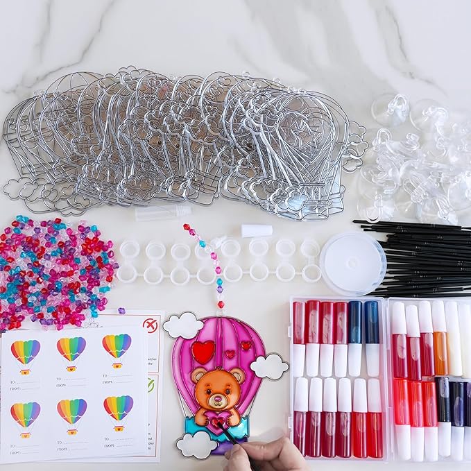 Winlyn 24 Sets Heart Hot Air Balloon Suncatchers Ornaments Decorations DIY Window Paint Art Craft Kits Sun Catcher Painting Kit for Kids Valentine's Day Classroom Activities Party Favors Gift Exchange