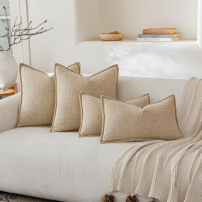 a moment Linen Pillow Covers Set of 2,Boho Farmhouse Throw Pillowcases Neutral Textured Decorative Covers for Couch Sofa Bed, Soft Linen Blend Accent Case Cushion Living Room Home Decor 18"x18"Khaki