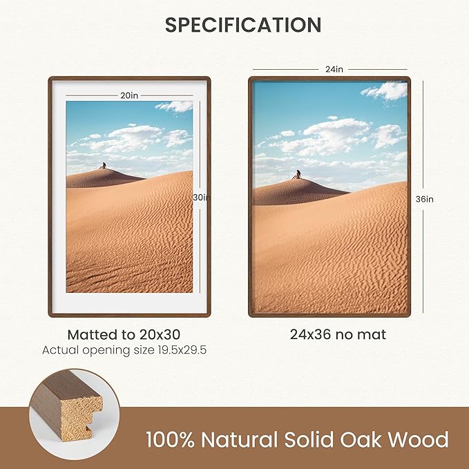 Natural Oak Wood Picture Frame 24x36, Wooden Poster Frame with Mat for 20x30, Round Corner 24 x 36 Matted Picture Frames with Resistant Plexiglass for Wall Mounting or Tabletop, Walnut Color, Set of 1