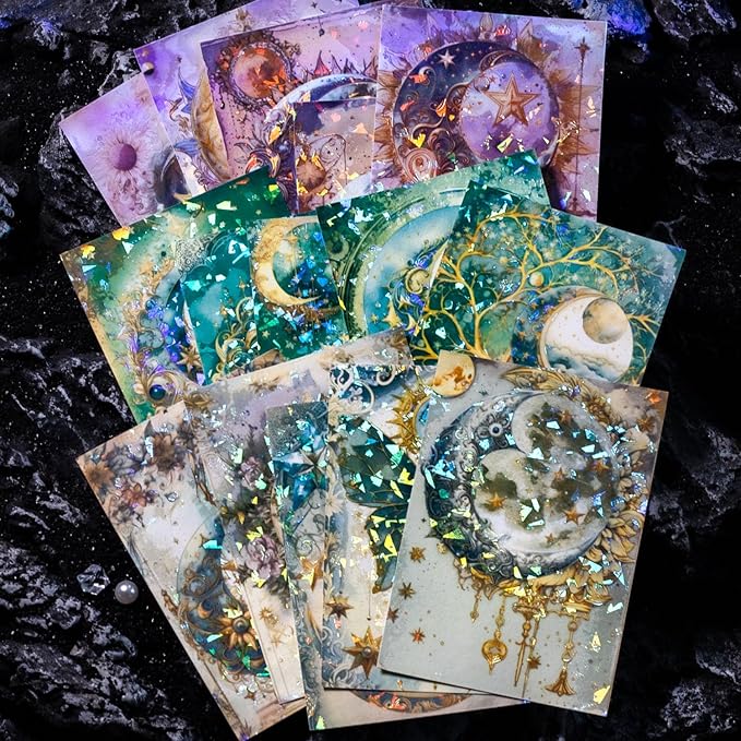 30 Sheets Holographic Fantasy Star Moon Scrapbook Paper - Self Adhesive Shiny Mysterious Starry Night Scrapbook Washi Stickers for Junk Journal Supplies,Planner,Album Craft Supplies