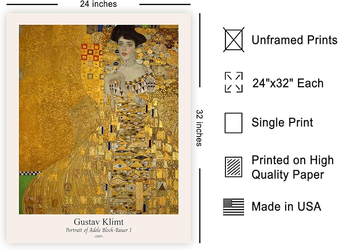 Poster Master Vintage Gustav Klimt Poster - Retro Portrait of Adele Bloch-Bauer Print - Art Nouveau - Lady in Gold Art - Gold Leaf Art - Classic Painting - Living Room Decor - 24x32 UNFRAMED Wall Art