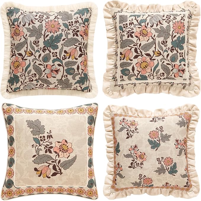 ISAENNE Design Square Linen Vintage Throw Pillow Covers 18"x18" Set of 4, Gray Green Farmhouse Cushion Covers with Silver Lotus Floral Pattern Decor Pillowcases for Bed,Living Room,Outdoor,Car