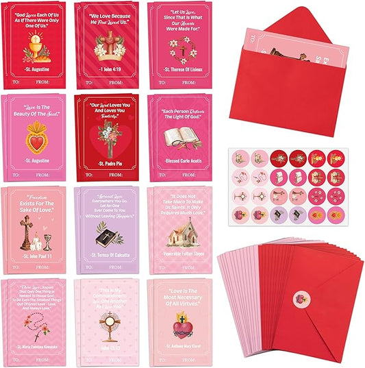 TICIAGA 72pcs Valentine's Day Catholic Church Greeting Cards with Envelop Retro Religious Sticker for Kid Bible Books Notecard Exchange Gifts for Boys and Girls Christian School Classroom Party Favors