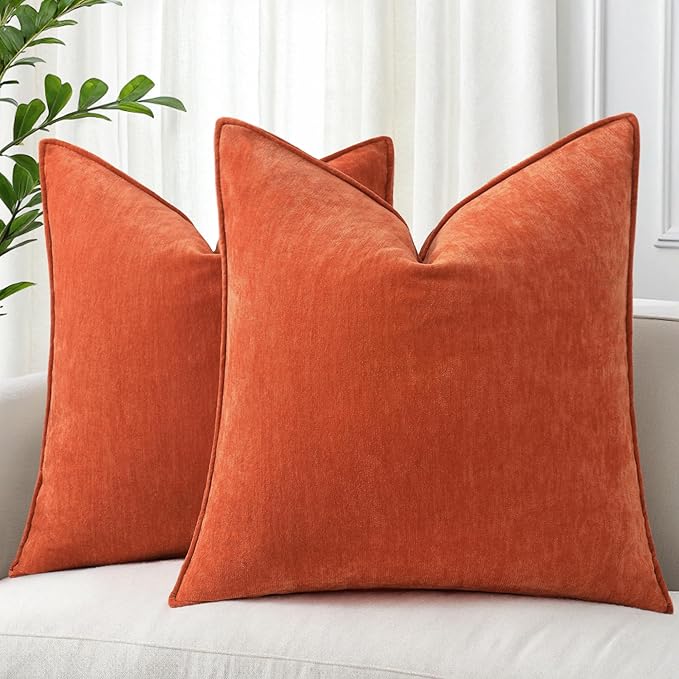 decorUhome Spring Couch Euro Sham Throw Pillow Covers 24x24 Set of 2, Decorative Soft Velvet Neutral Chenille Pillow Covers with Elegant Design for Sofa Bed Living Room Home Decor, Rust