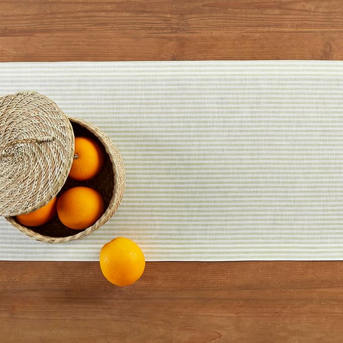 Solino Home Linen Striped Table Runner 132 Inches Long - Narrow Stripe 100% Pure Linen Sage and White Dining Table Runner 14 x 132 Inch for Spring, St Patricks Day, Easter