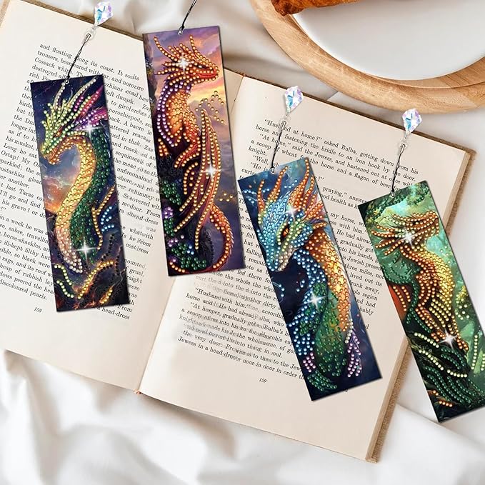 5D DIY Diamond Art Bookmarks Kit Dragon 6 PCS Acrylic Diamond Painting Bookmarks Kits with Tassels Double Side, Rhinestone Crafts Decoration Gift Set for Book Lovers Beginners & Adults (Partial Drill)