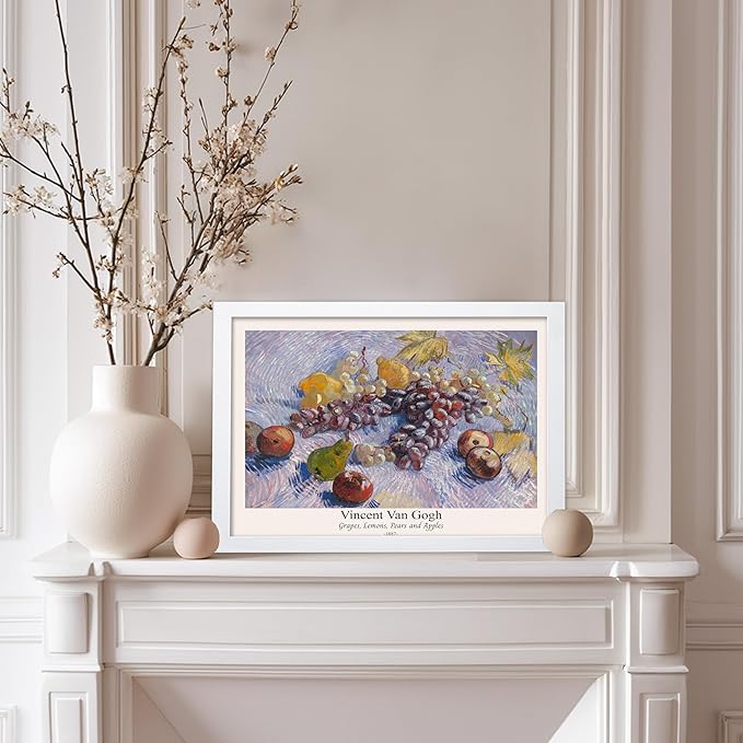 Monem Art Vintage Van Gogh Poster - Retro Grapes Lemons Pears and Apples Print - Impressionism Art - Fruit Art - Fine Art - Classic Painting Art - Great Kitchen Decor - 8x10 White Framed
