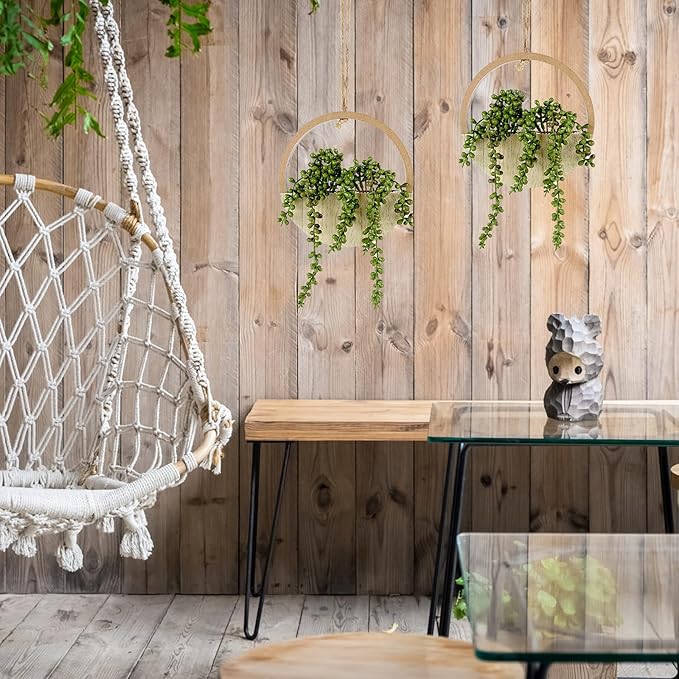 2PCS 12.2" Fake Hanging Plant, Succulent Wall Decor, Fake Plants Decor, String of Pearls in Pot with 8.3" Lanyard for House Indoor Outdoor Bedroom Wall Decor Aesthetic (Wooden)