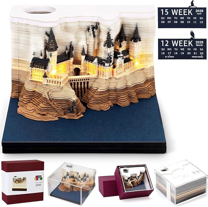 3D Time Piece Calendar 2026 3D Tear Away Mini Desk Calendar with LED Light Art Memo Pad Notepad Desktop Decoration Gift for Christmas (With Weekly Calendar & Light)