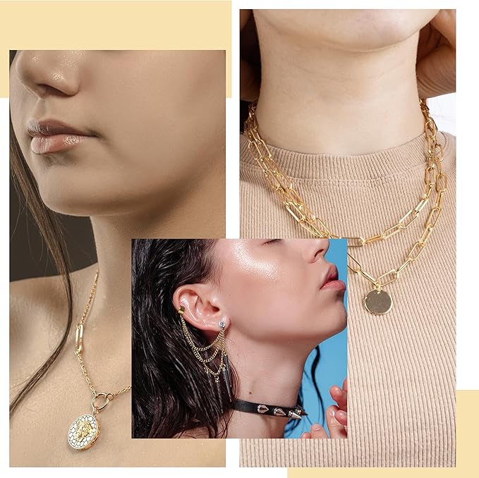 18k Gold Plated Stainless Steel Necklace Chains for Jewelry Making 49FT 8 Style Gold Necklace Chains Bulk with Lobster Clasps and Jump Rings Connectors for DIY Necklaces Bracelet Jewelry Making