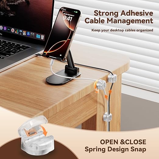 6Pack Rotatable Cord Organizer,Spring Cable Clips Desk Cable Management Cord Holder Adhesive Phone Charger Cord Clips for Home Office Car Wall Nightstand Accessories Clear