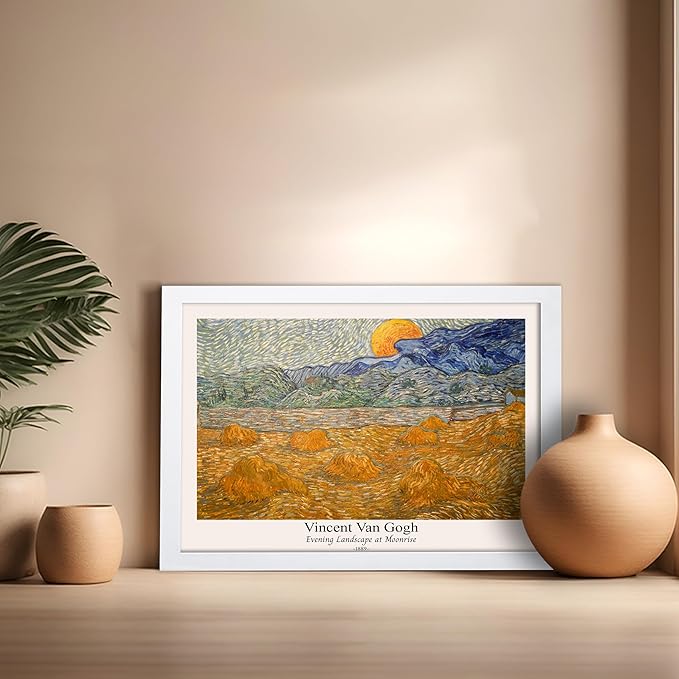 Monem Art Vintage Van Gogh Poster - Retro Evening Landscape at Moonrise Print - Impressionism Art - Fine Art - Classic Painting Art - Aesthetic Living Room Wall Decor - 16x20 White Framed